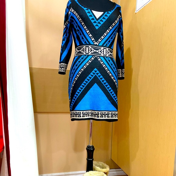 Flying Tomato Scoop Neck Geometric Fitted Long Sleeve Sweater Dress - Picture 2 of 4